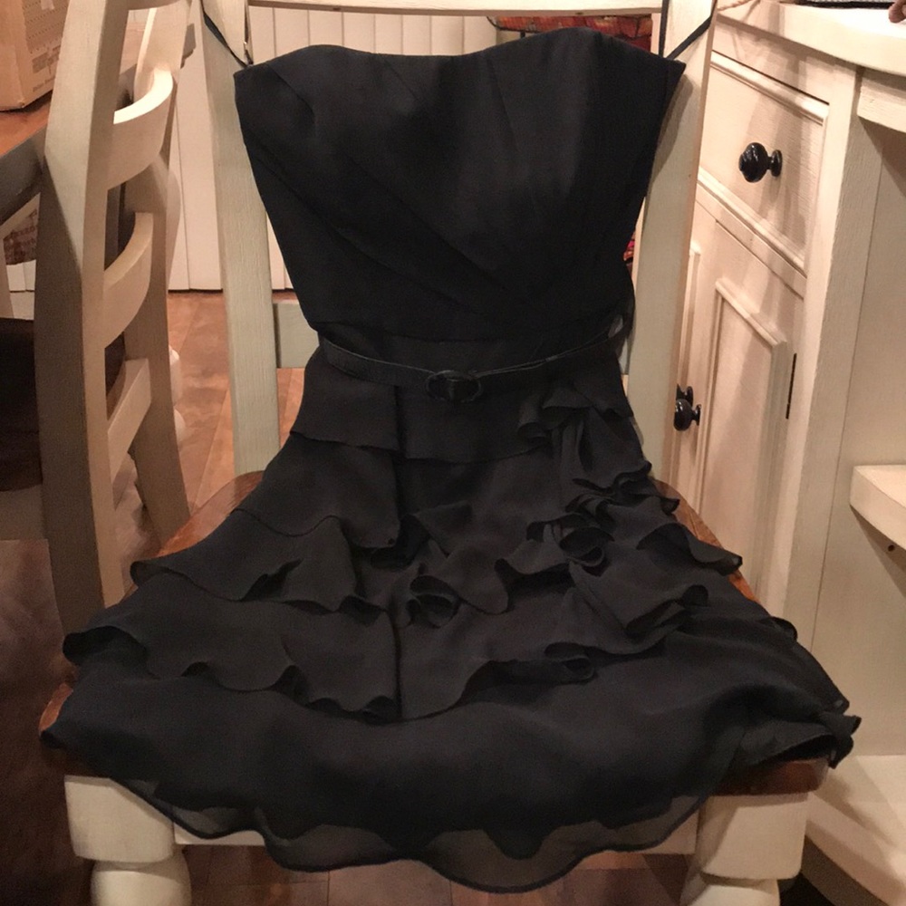 White House Black Market strapless black dress.